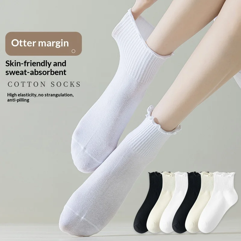 Classic Ruffle Trim Cotton Crew Socks for Women 7A Antibacterial Soft Breathable Casual Socks Black/White Solid Color Mid-Calf