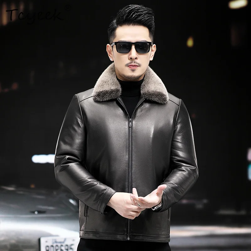 Tcyeek معطف فرو المنك الطبيعي الرجال الملابس الشتوية الشظية الأزرق المنك الكامل 2025 الطبقة العليا جلد الماعز سترة جلدية حقيقية معاطف رجالي