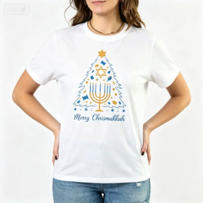 Women Cotton Round‑neck Short Sleeve T‑Shirt Merry Chrismukkah Menorah Star Graphic Print Holiday Casual Female Tops