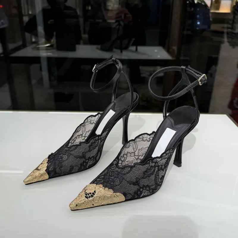Modische Spitzen-Pailletten-Pumps mit Netzstoff für Damen, Sexy Spitze Designer-Sandalen mit Niedrigem Absatz und Slingback – Detail 11