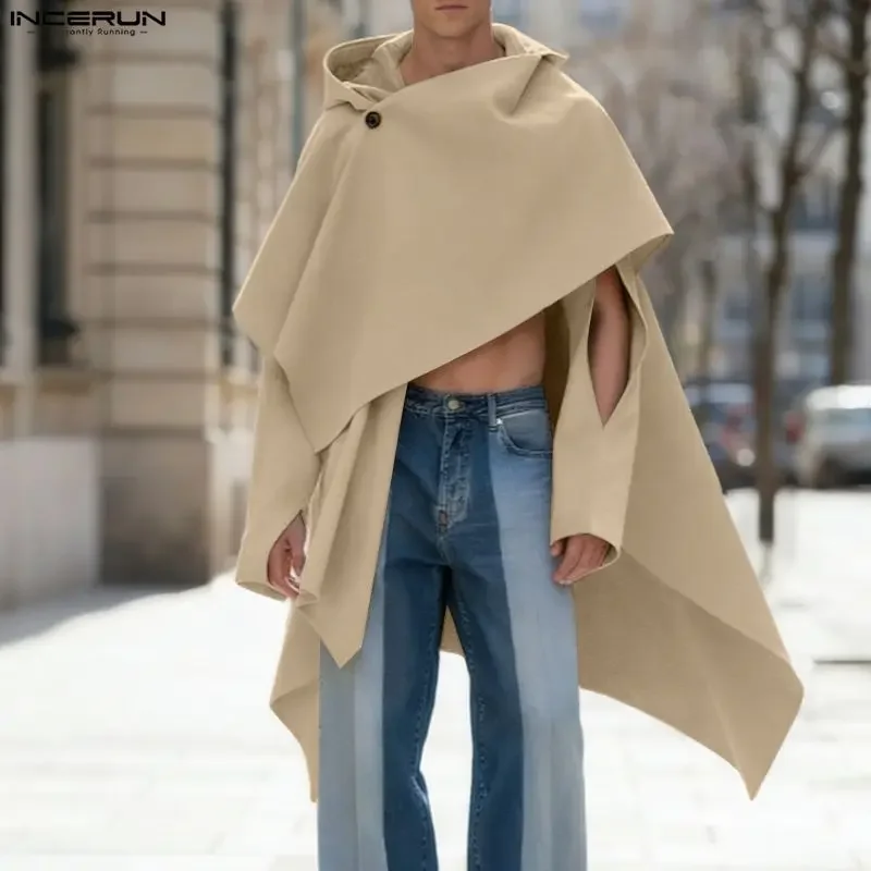 INCERUN Men Trench Solid Color Hooded Long Sleeve Hollow Out Irregular Cloak Coats Men Ponchos Loose Streetwear Fashion Cape Men