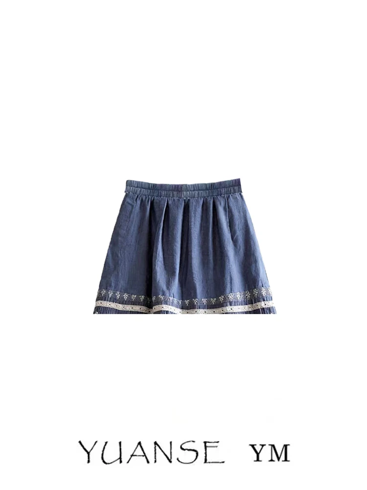 YUANSE Artistic Blue Floral Embroidery Patchwork High Waist A-Line Skirt Women's Summer Fashion Elegant Color Block Midi Skirt