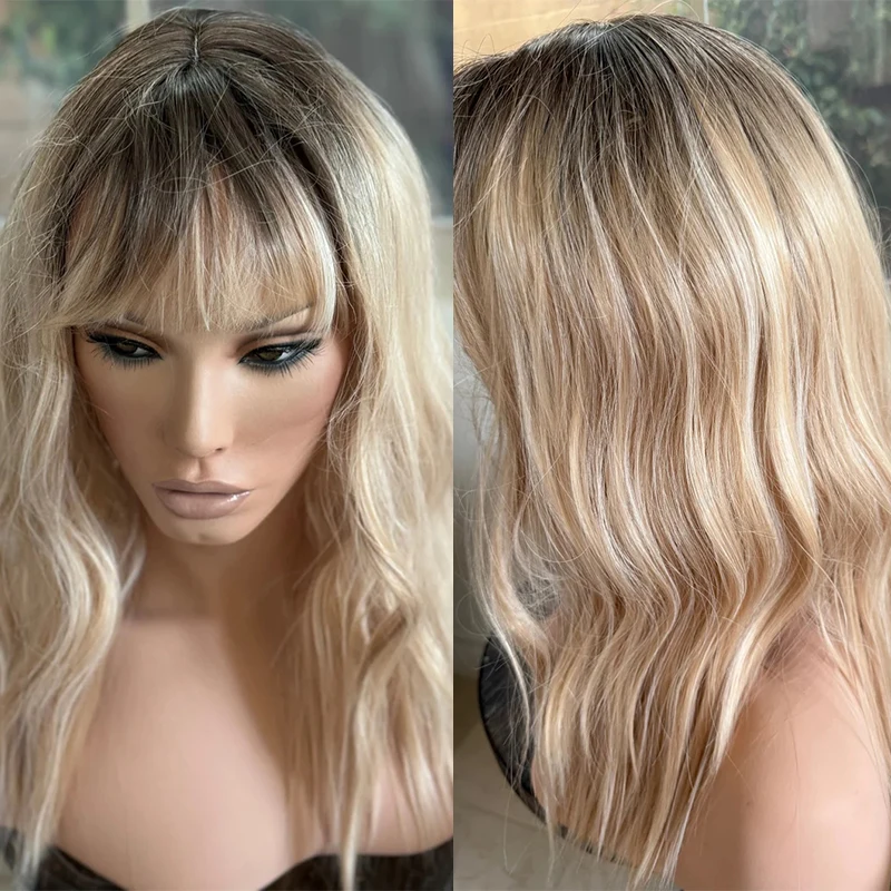 วิกผมลอนน้ําสีบลอนด์อบอุ่นพร้อมรากเข้มไฮไลท์วิกผมเรียบใยสังเคราะห์วิกผมลูกไม้ด้านหน้าด้านหน้าความยาวไหล่สาวรัก