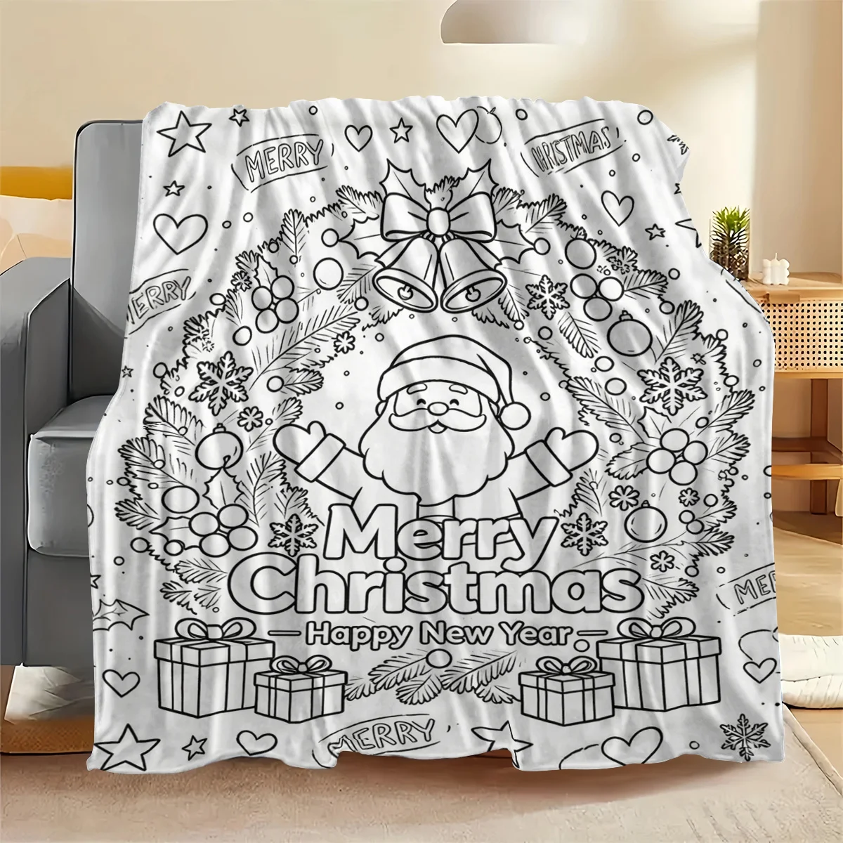 1pc 2D Flat Christmas Wreath Santa Black & White Coloring Print Blanket,Throw with Bells,Gift Boxes,Snowflakes and Pine Elements