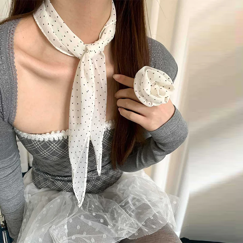 Wave Point Flower Silk Scarf Vintage Plaid Scarf Women's Spring New Collection Neck Strap Korean Small Scarf Decorative Muffler