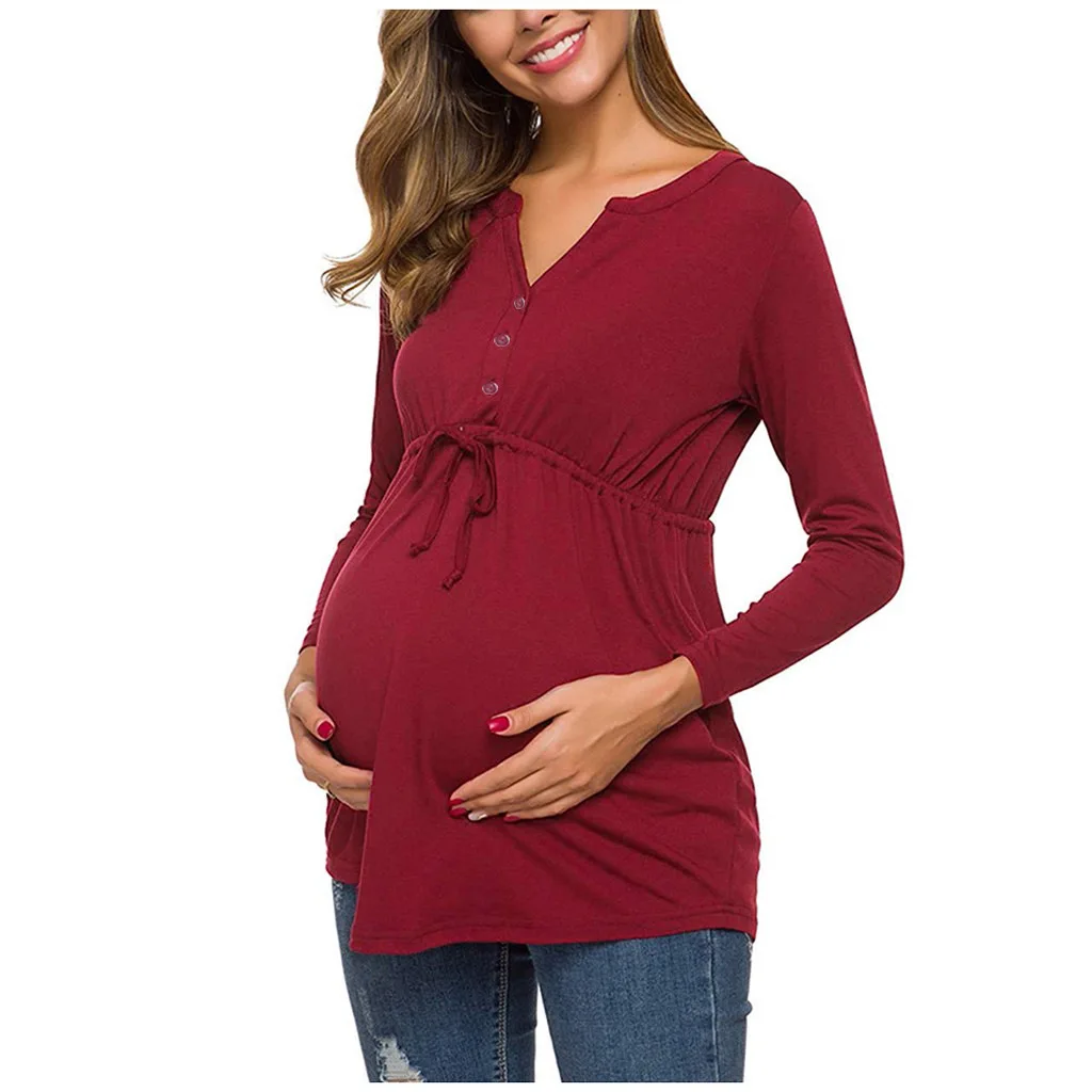 New Maternity Breastfeeding T Shirt Spring Autumn V Neck Solid Color Long Sleeve Plus Size Breastfeeding Top Maternity Wear