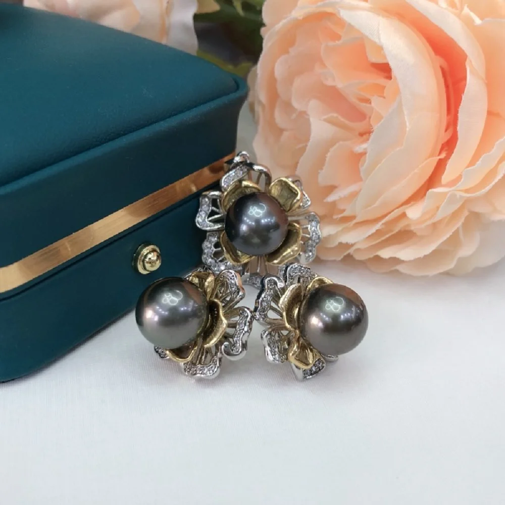 

Beautiful Camellia Inlaid Zircon Pearl AAAA10-11mm Natural Tahiti Round Bead Earnail+Pendant 18 inch Set 925s