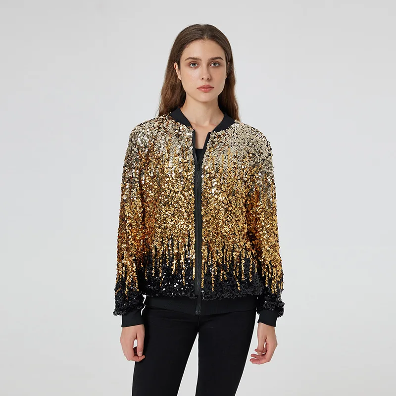 

Spring Autumn New Vintage Glitter Women Long Sleeve Coat Fashion Gradient Color Female Baseball Jacket