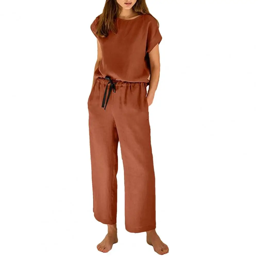 

Women Wide Leg Trousers Suit Versatile Women's Sportwear Set 2-piece Top Pants Set with Drawstring Elastic Waist Wide Leg Side