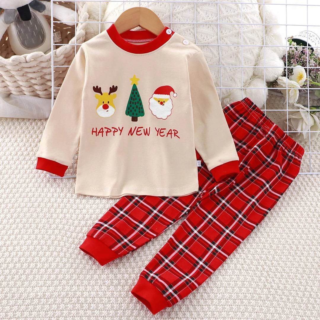 Christmas Cartoon Print Baby Long Sleeve Underwear Suit Autumn Clothing Kids Two Piece Set Tops Pants Toddler Costume Outfits