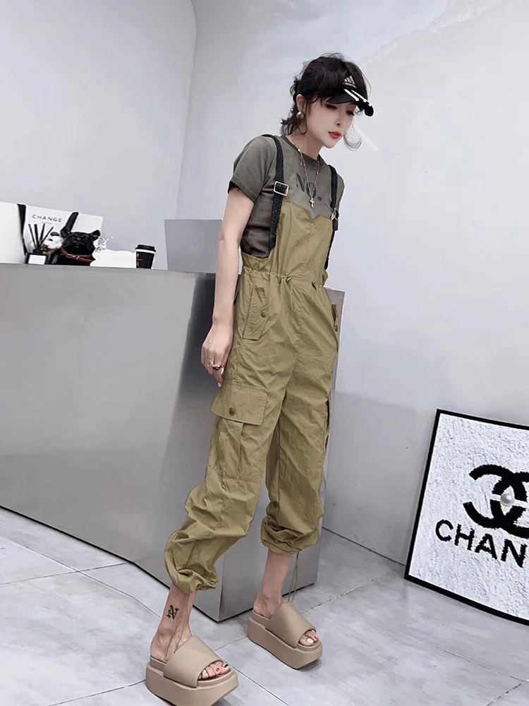 

2023 Women's Retro Designer Overalls Workwear Sling Korean Loose Wide Leg Jumpsuit Streetwear Solid Color Clothing