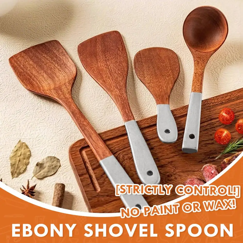 Household Non Stick Pan Special Wooden Shovel&spoon Kitchenware Set SilverColor Handle Ebony Shovel Wooden Spoon Kitchenware Set