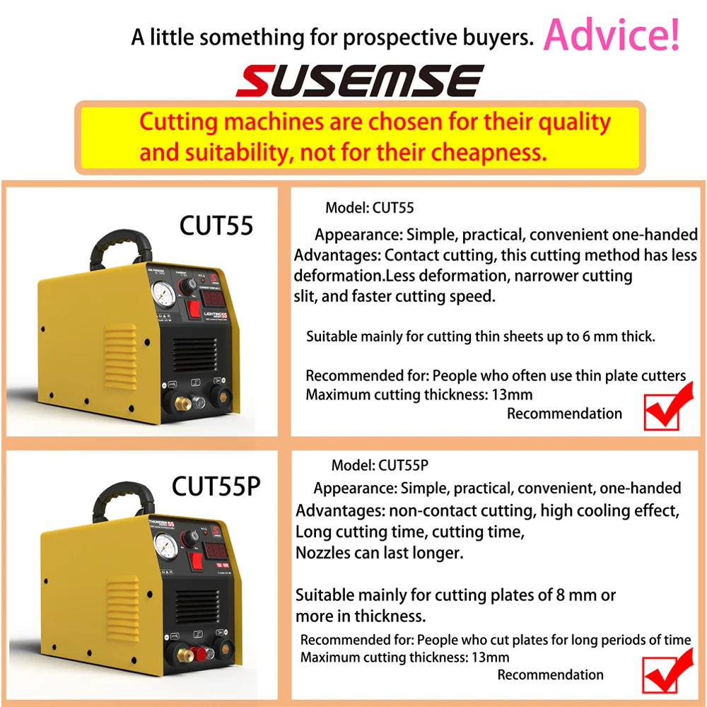 SUSEMSE Plasma Cutter 55P Amp HF IGBT Inverter Portable Air Plasma Cutting Machine with Accessories 12MM Clean Cut for Metal