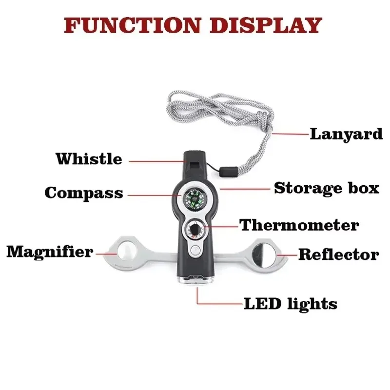 7 in1 Outdoor Survival Whistle Emergency Tools Camping Hiking Rescue Emergency Loud Whistle Compass Thermometer Magnifier