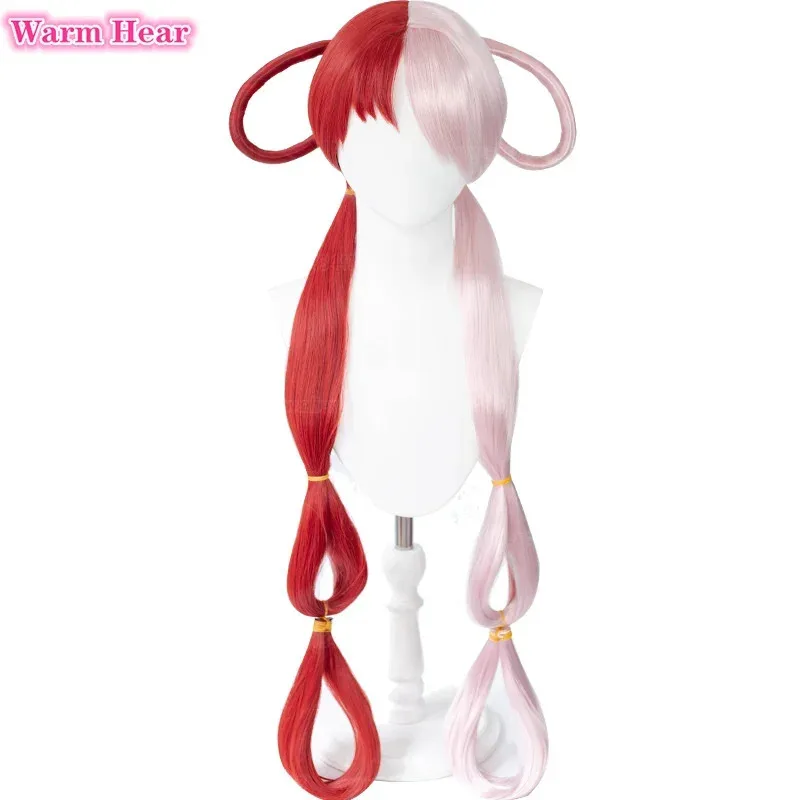 Wig Wanita Pesta Halloween Rambut Sintetis Panjang Merah Muda Merah Cosplay Tahan Panas Alat Peraga Headphone Uta + Topi Wig Ir;l5