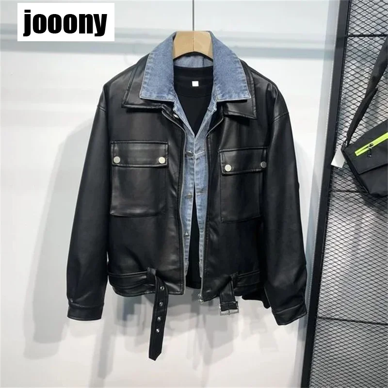 

Autumn Denim Stitching Leather Coats Male Trundown Collar Buttons Zippper Jackets PU Leather Jacket Fake Two-piece Coat Men's