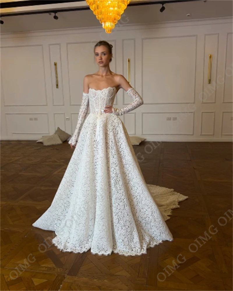 OIMG Elegant Princess Wedding Dress Full Lace Detachble Long Sleeves Ceremony Gowns Bride Bridal Occasion Dresses Customized