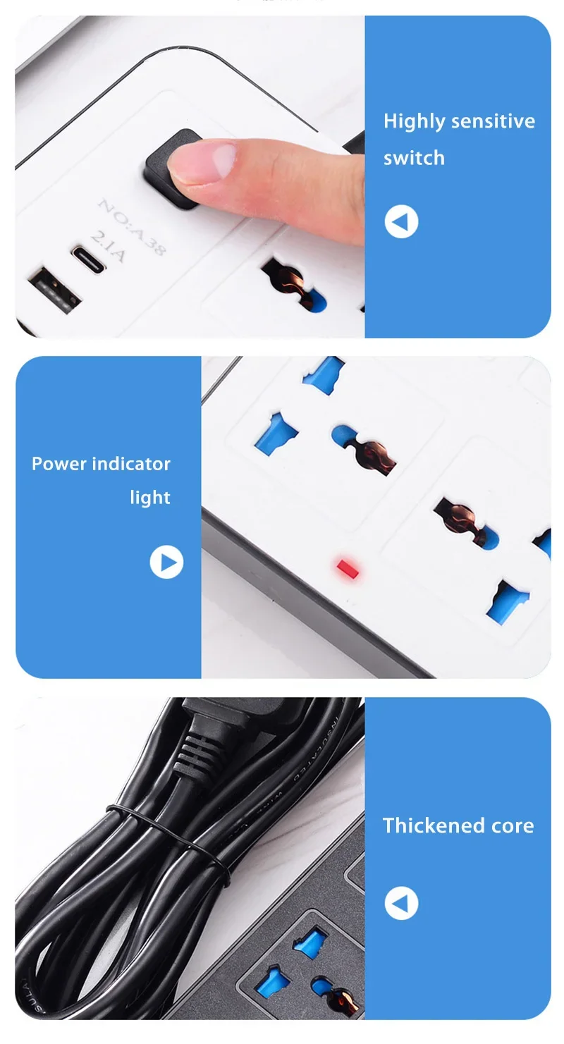 Power Multi Tap Universal Plug Eu Us Uk Outlet Power Strip With 2m Extension Cord Ac Type C Usb Charge Electrical Socket