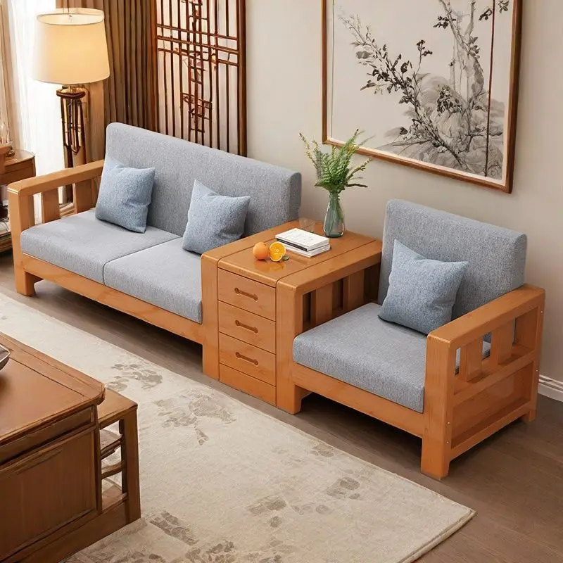New Chinese-style solid wood sofa three-person combination complete