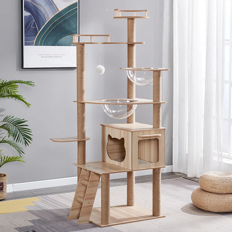 Durable Natural Wooden Cat Play Structure Removable Cushion Perches Cat Tree Saving Indoor Cat Exercise Tower Sisal