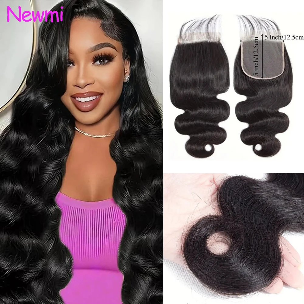 

Newmi Body Wave 5x5 Lace Closure Transparent Swiss Lace Brazilian Remy 100% Human Hair Extensions Pre Plucked with Baby Hair