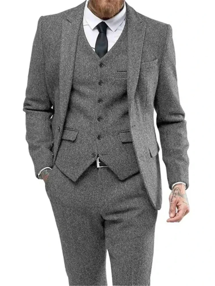 Men’s 3 pieces Silm Fit Bussines Men Suit Herringbone Woolen Groom Tuxedos Two Buttons Blazer For Wedding (Blazer+Vest+Pants)
