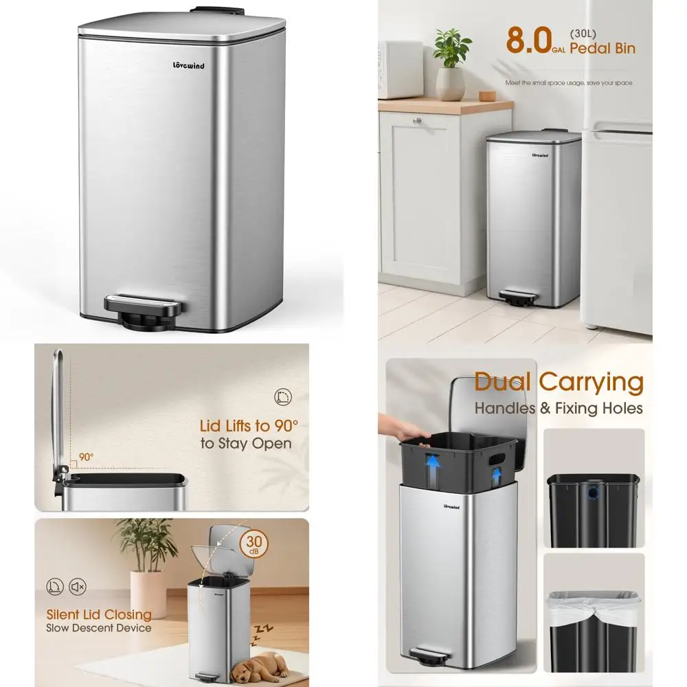 

8 Gallon Footstep Activated Trash Can with Lid, 30 Liter Garbage Bin for Kitchen, Bedroom, Home Office, Brushed Stainless Steel
