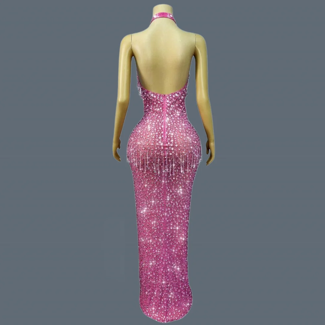 Women Mesh Luxury Sexy Evening Gown Sparkling Crystals Tassel High Slit Deep V-neck Hanging Neck Elegant Long Dress Wulongweibo