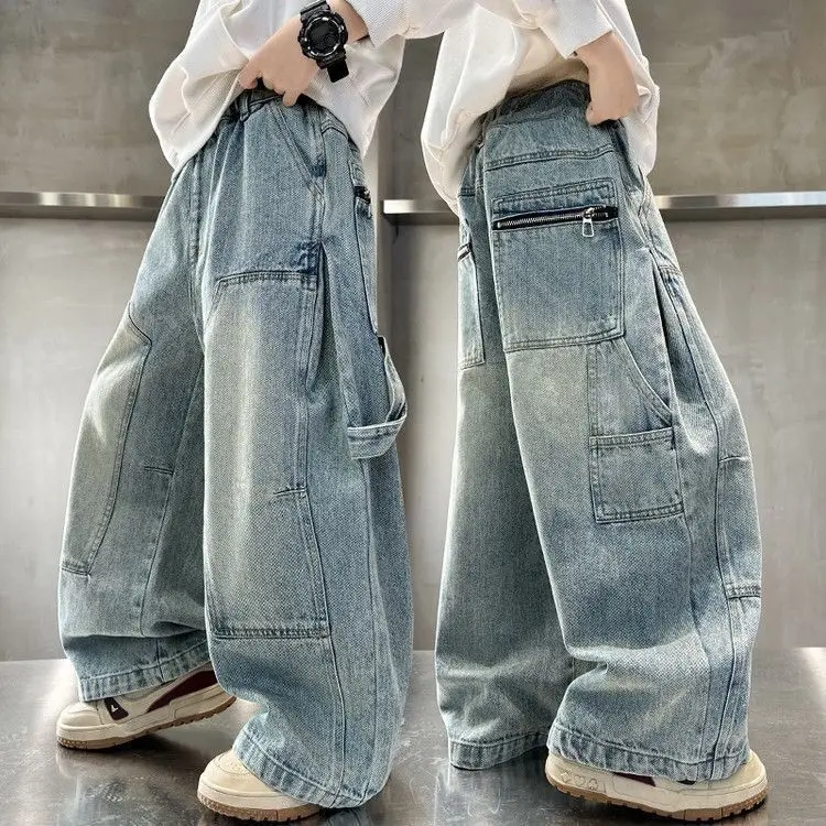 Teens Boy Casual Cargo Jeans with Big Pocket For Child New Loose Style Denim Pants Kids Fashion Street Jeans Trousers 5-14Years