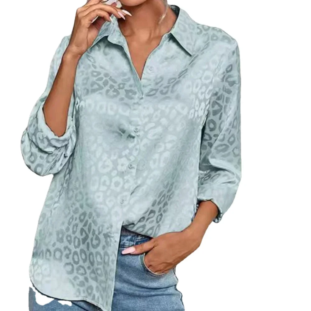 Casual Satin Long Sleeve Blouse Women Elegant Jacquard Blouses Spring Autumn Leopard Print Top Camisas Blusa Shirt Woman Clothes