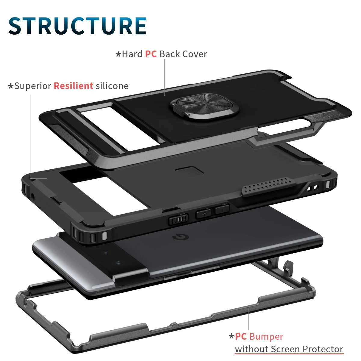 Pixel 6 Cases Heavy Duty Drop Protection Kickstand Rugged Shockproof/Dust Proof 3-Layer Phone Case For Google Pixel 6 Pro