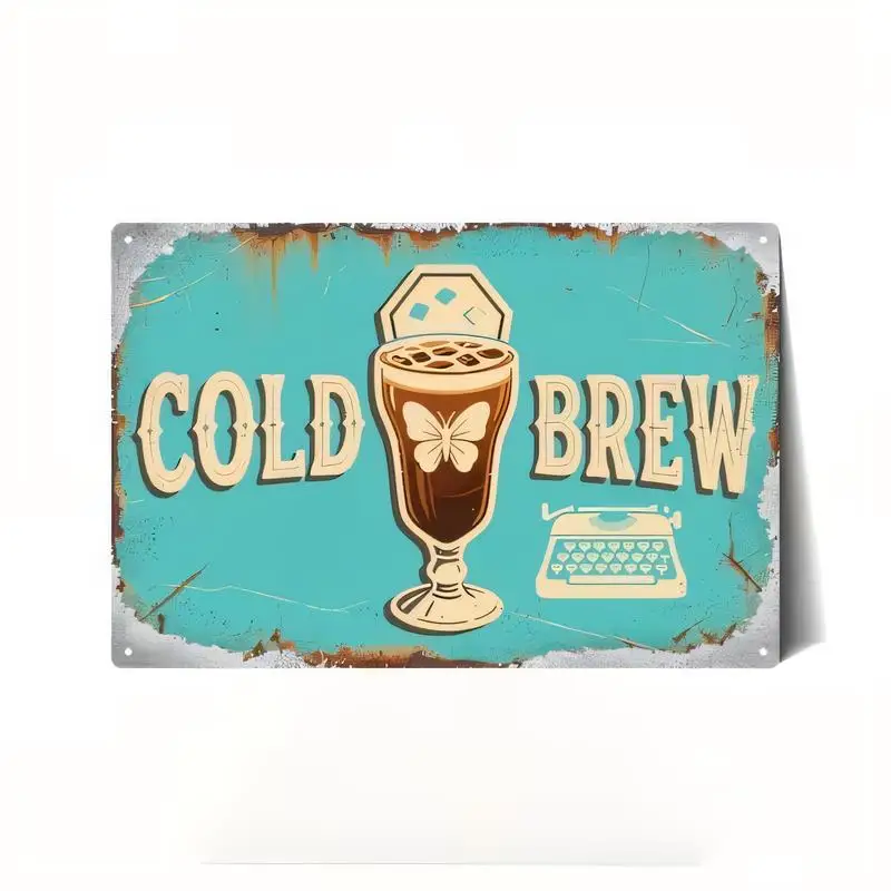 Retro Distressed Cold Brew Metal Tin Sign - Turquoise, Ice Coffee & Typewriter Design, Vintage Iron Wall Art for Cafes, Kitchens