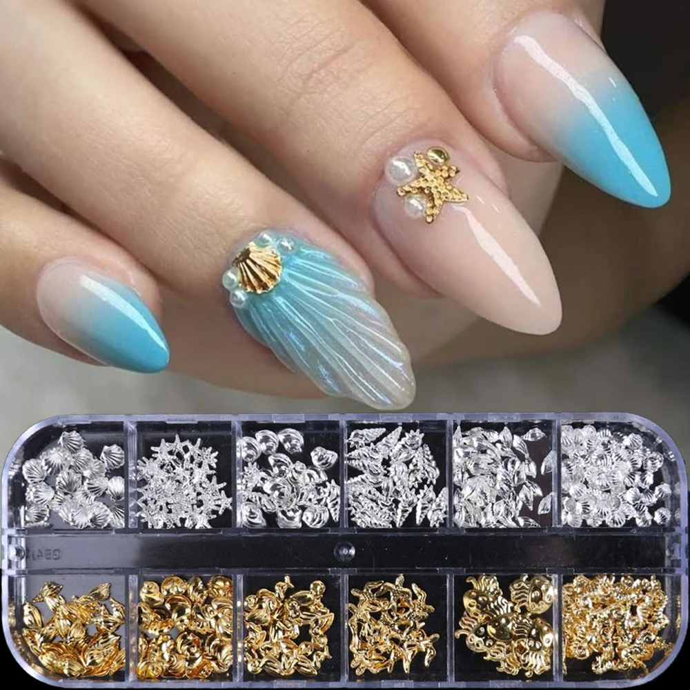 

1 Box Gold Silver Metal Rivets Nails Accessories Shell Starfish Conch Jellyfish Nail Charms Summer Ocean Style Nail Art Decorati