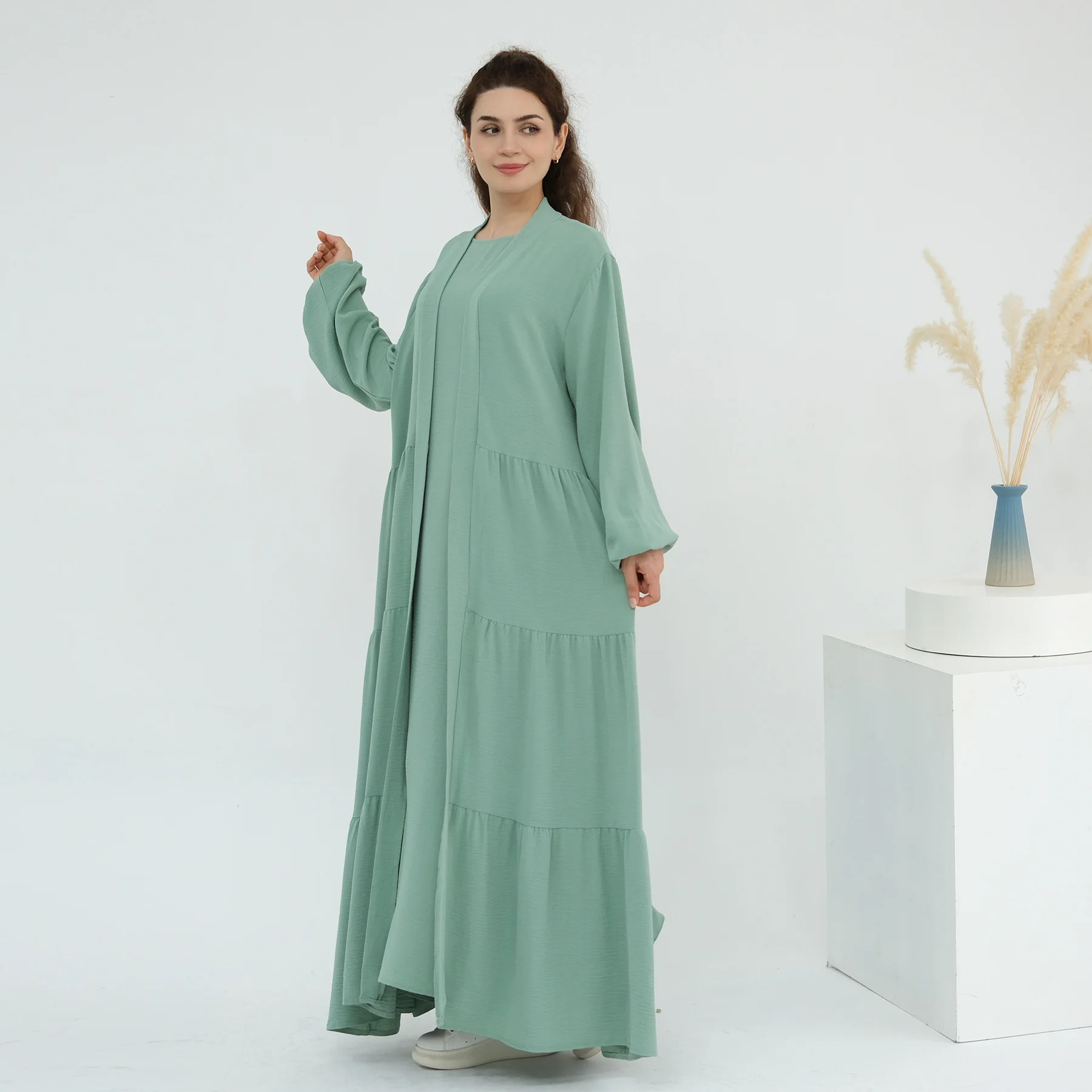 ดูไบกิโมโนเปิด Abaya เสื้อสเวตเตอร์ถักชุดยาว 2 ชิ้นชุดมุสลิมชุดผู้หญิงตุรกี Kaftan Kebaya Caftan Marocain Femme Robe ชุด