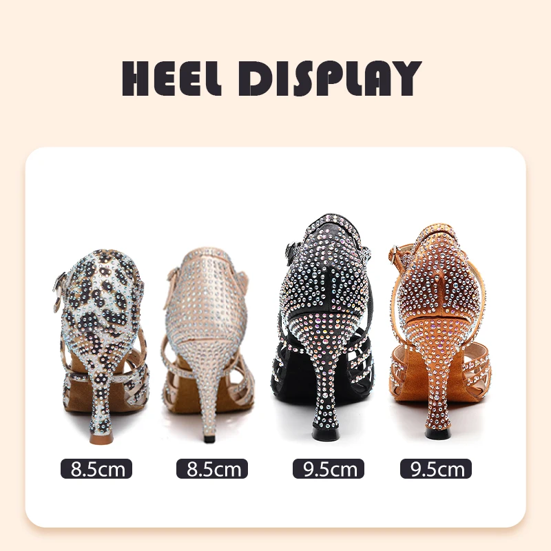 HROYL Ballroom Latin Dance Shoes Ladies Girls New Silk Satin Shiny Rhinestone Cuban High Heels Party Salsa Dance Shoes Women - Image 3