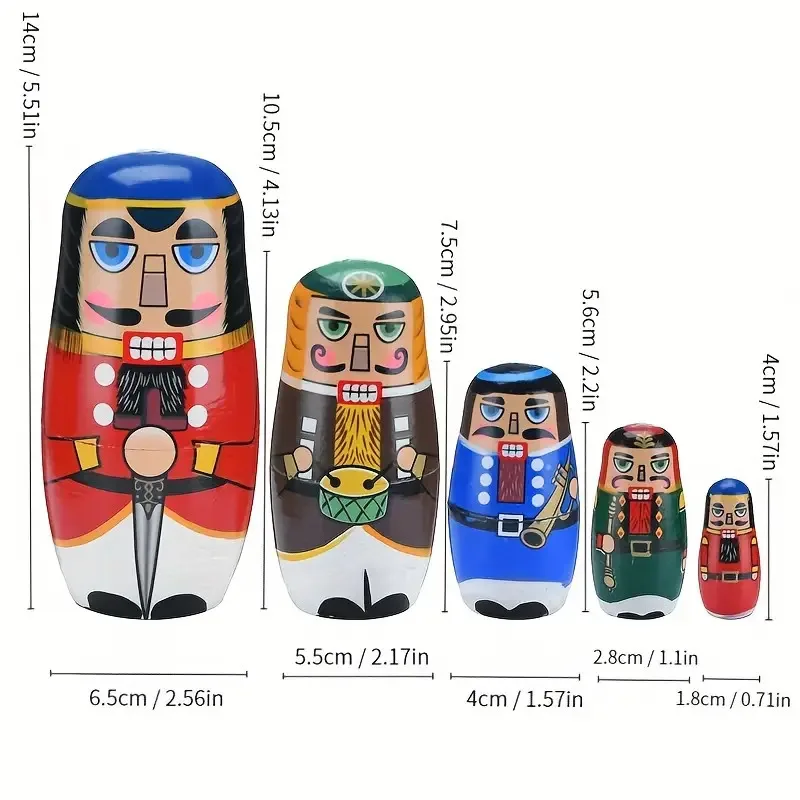 5pcs Russian Nutcracker Nesting Dolls - Handmade Wooden Christmas Matryoshka Set