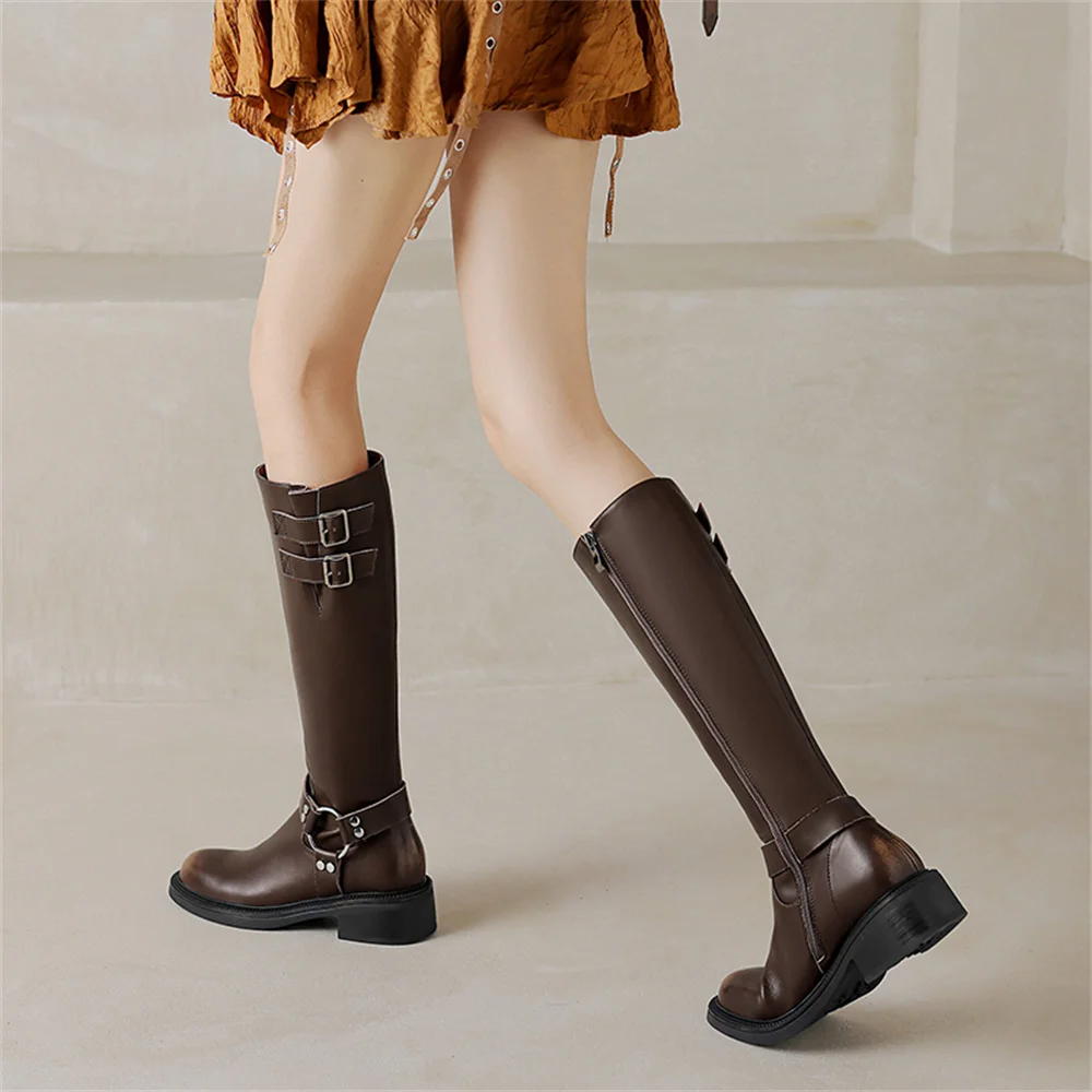 FEDONAS 2024 Kobiety Genuine Leather Knee High Boots Buckles Punk Warm Autumn Winter Shoes Woman Slim Long Motorcycle Boots Shoes