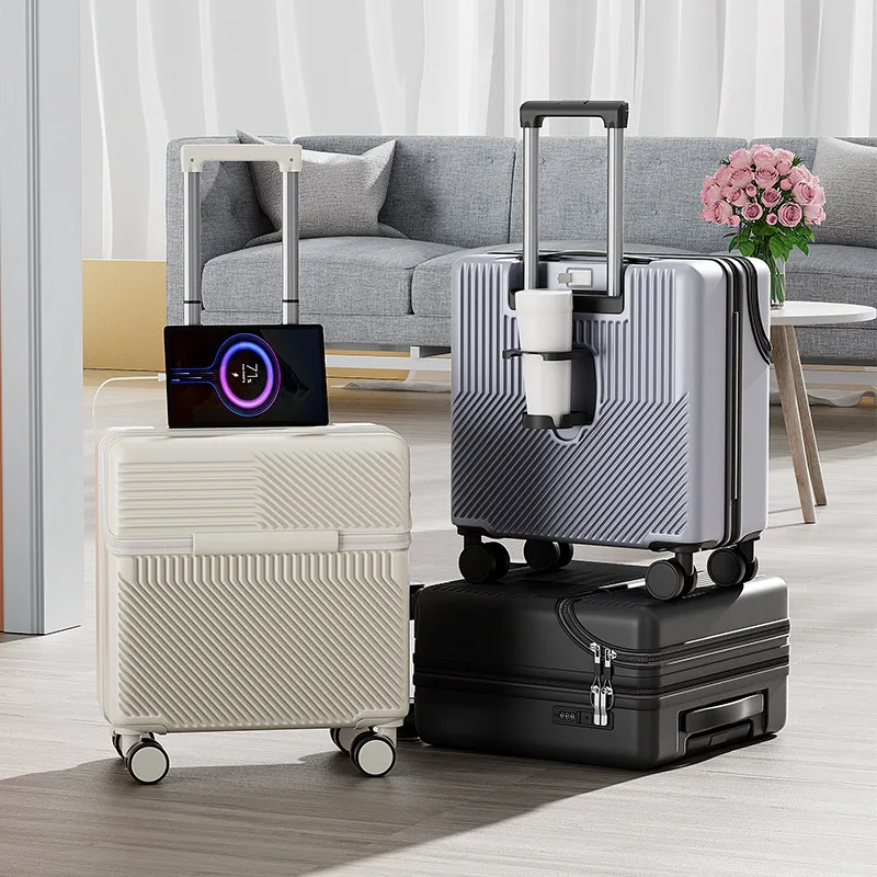 Maleta de viaje con apertura frontal de 18 pulgadas, Maleta con contraseña para equipaje, Maleta de embarque de cabina con puerto de carga USB, portavasos