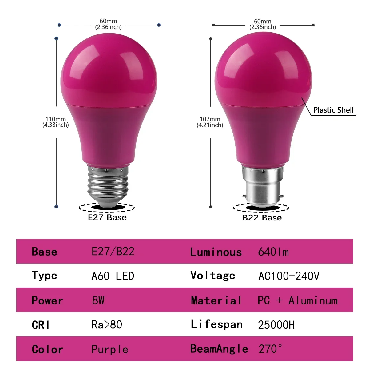 640LM Purple Light LED Bulb Lamps 8W Purple Shell AC100 240V E27 B22 Wedding KTV Party Courtyard Garden Stage Home Decor Light