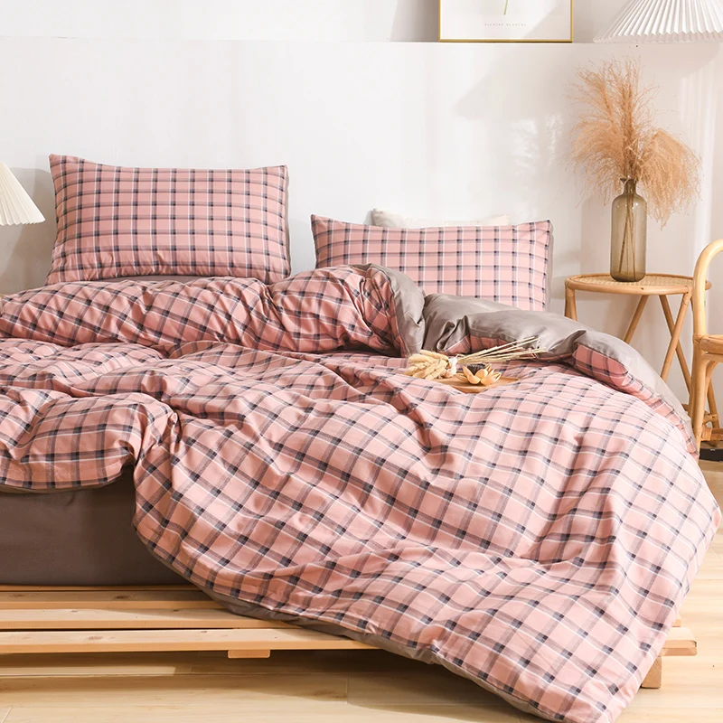 Grid Plaid Duvet Cover Set Pink Bedding Set Checkered Quilt Cover 4Pcs Polyester Comforter Cover 1 Flat Sheet and 1/2 Pillowcase