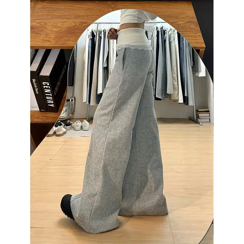 

2025 New Knitted Lace Spliced Wide-leg Pants for Women Thickened Versatile Casual Sweatpants Loose Draping Floor-length Trousers