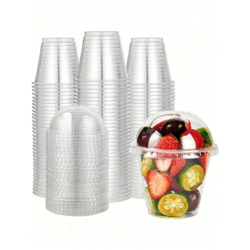 

100pcs Clear Plastic Cups With Domes Dessert Cups With Lids, Crystal PET Parfait Cups, Disposable Party Cups For Fruit/Ice Cream/Cupcake/Iced Cold Drinks School Supplies Food Bag Food Box Suitable For Candy Chocolate Biscuit Etc , For Halloween Or Christm