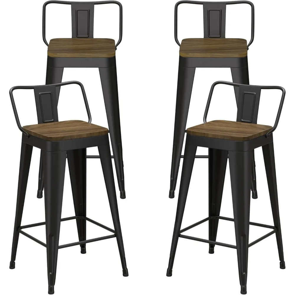 

24 Inch Bar Stools Set of 4, Metal Stools for Kitchen Counter with Wood Seat, Low Back Industrial Barstools (Matte Black)
