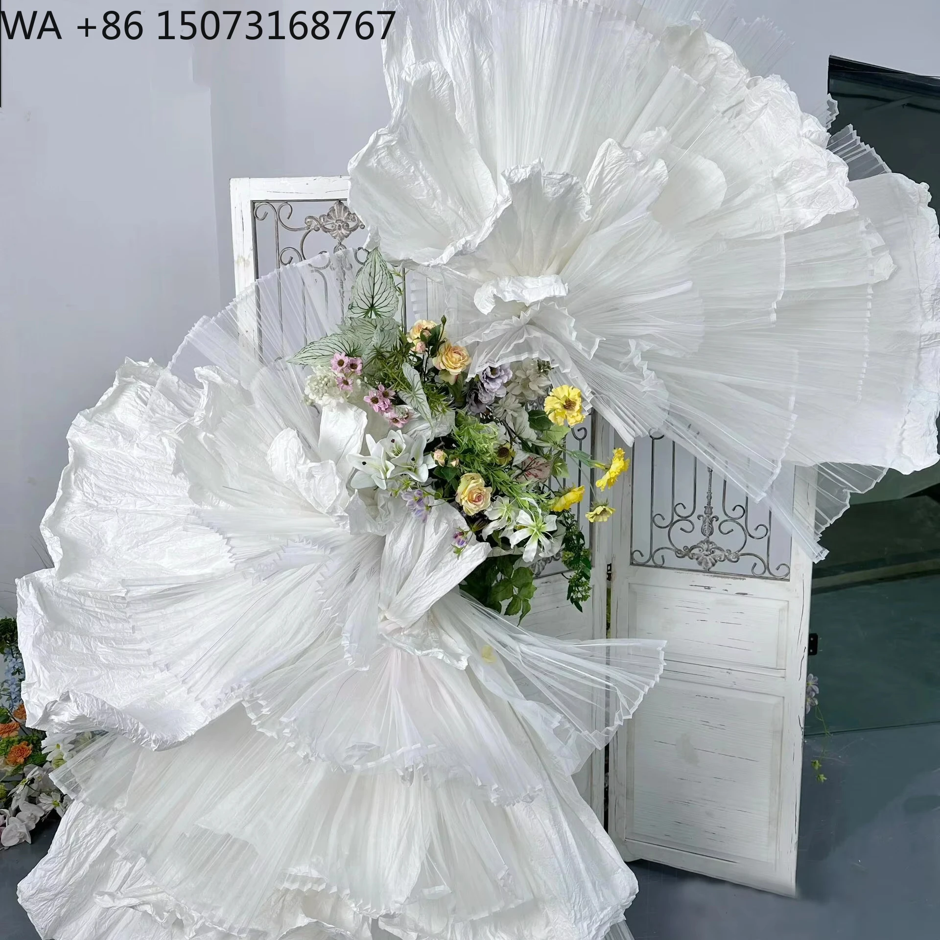 

Luxury Customized Super Large Organza Flower Art Installation Wedding Stage Backdrops Store Window Display
