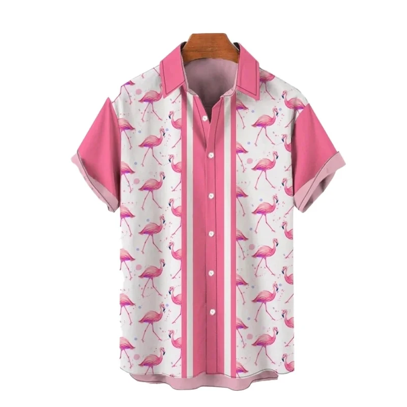 2026 Splicing Pink Watercolor Flamingo Print Short Sleeved Shirt, Loose Daily Couple Beach Shirt for Men and Women