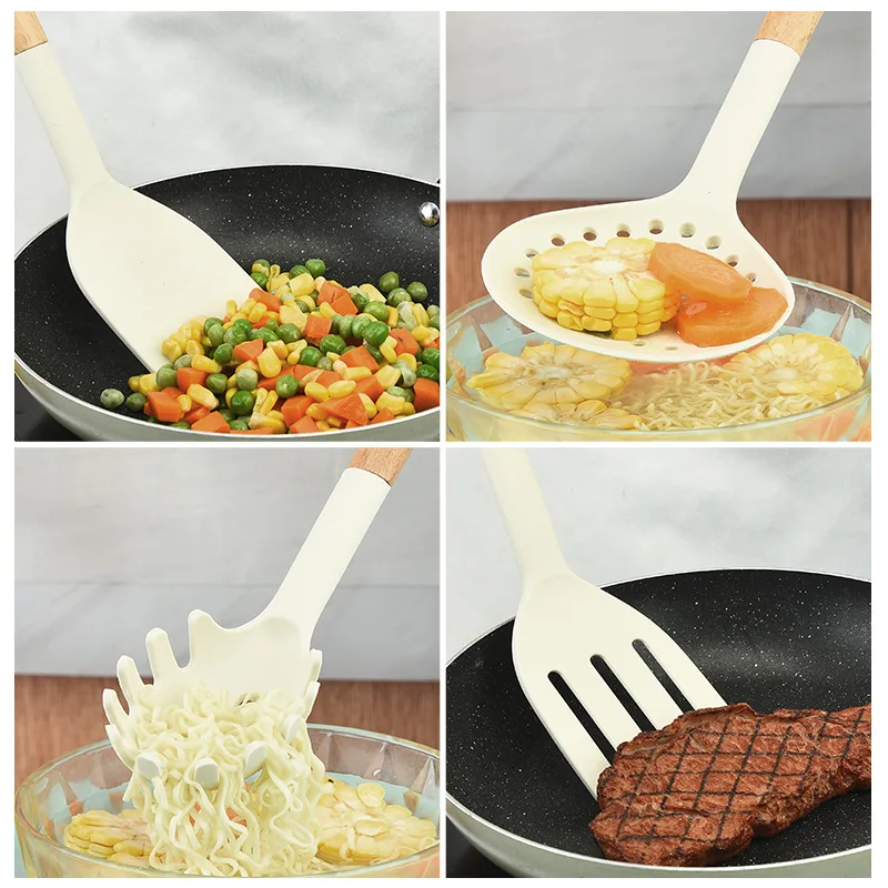 White wooden handle kitchen cooking tools silicone kitchenware seven piece set silicone spatula kitchen utensils cooking stir fr