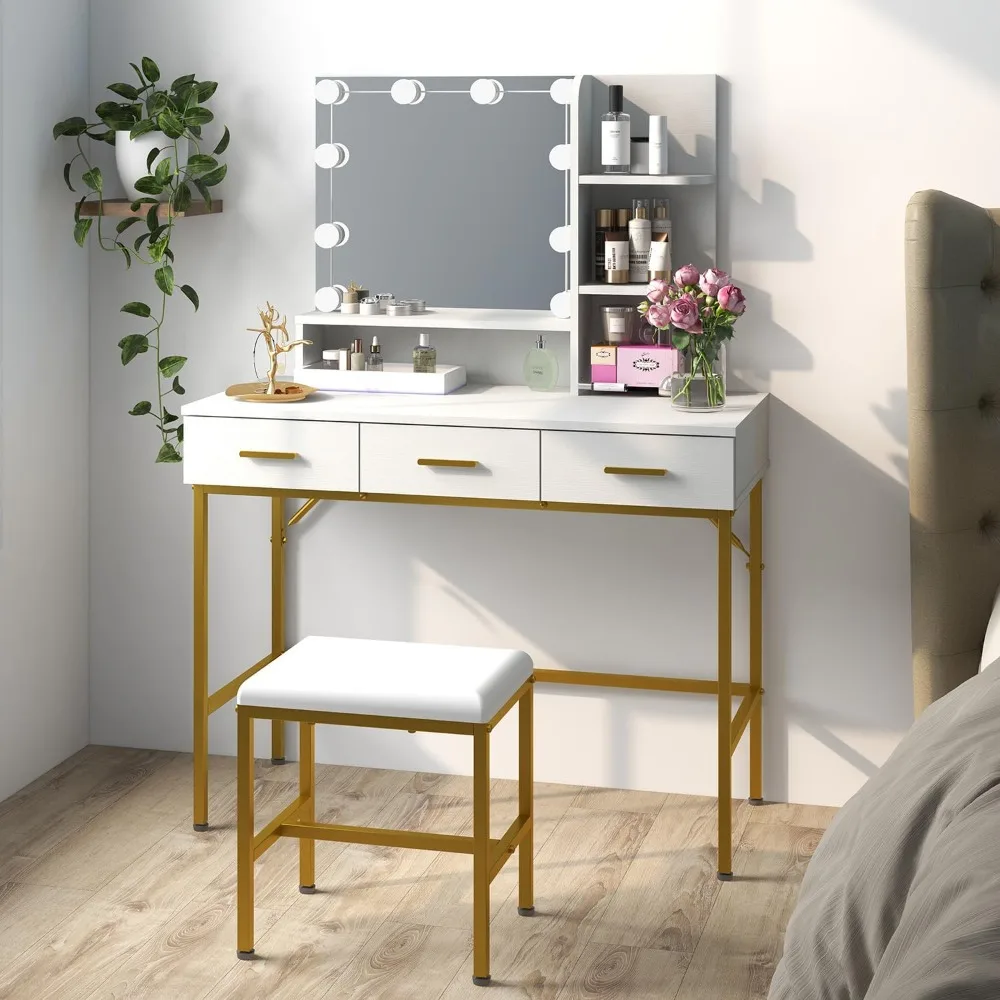 Dressing table with illuminated mirror, 3 drawers Dressing table with large storage Dressing Table, upholstered stool (white)