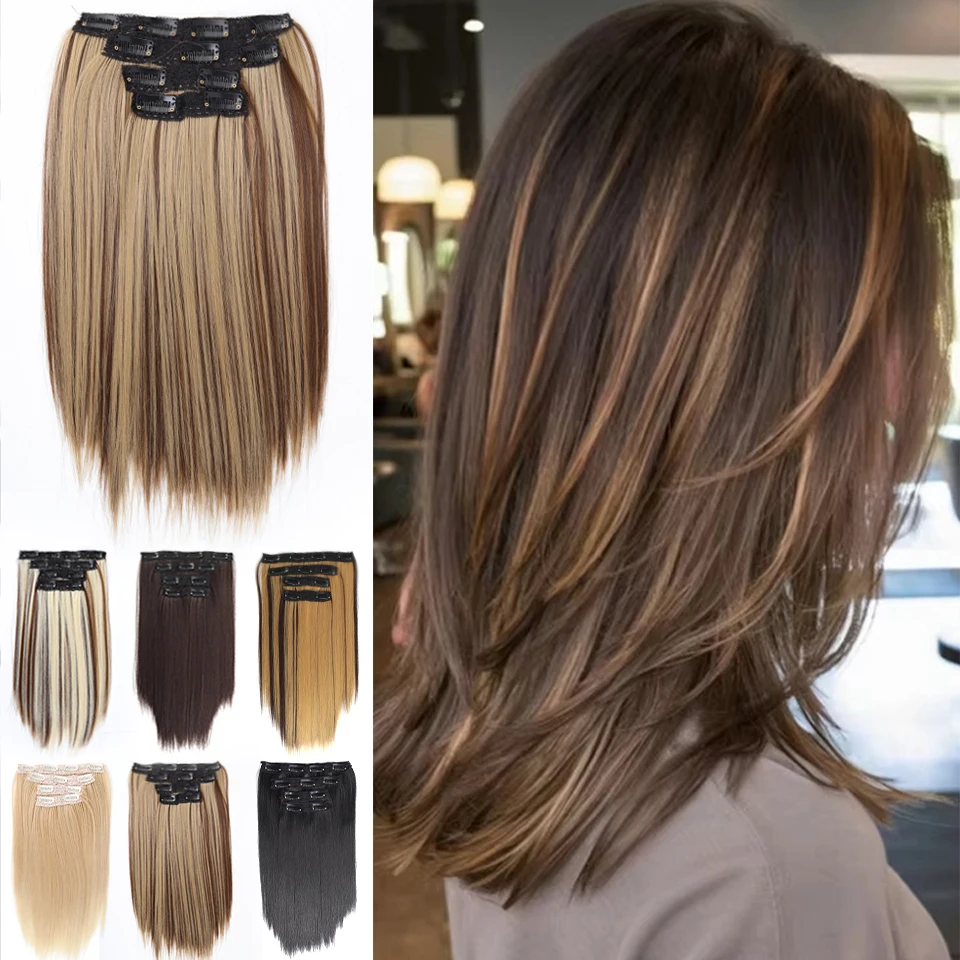 Synthetic14Inch Short Straight Hair Extension Clip in Black Blonde High Temperature Fiber Hairpiece for Women Daily Party Use