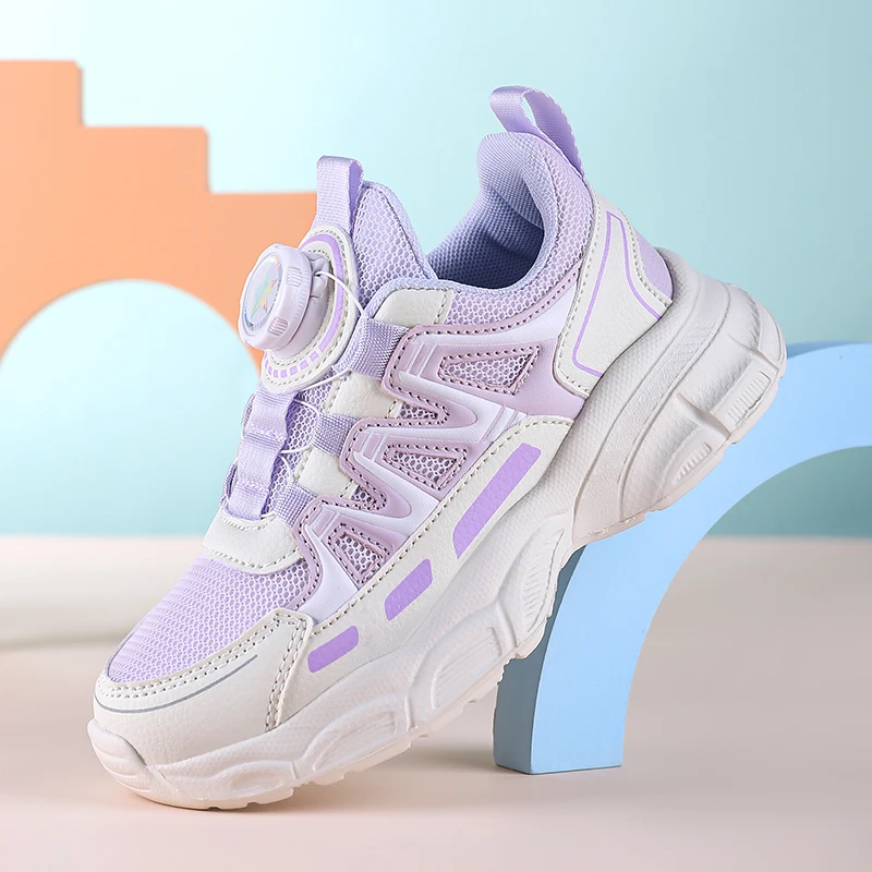 A pair of girls' rotary buckle mesh dad sneakers, purple color matching, shock absorbing thick sole shoes YX-6059D