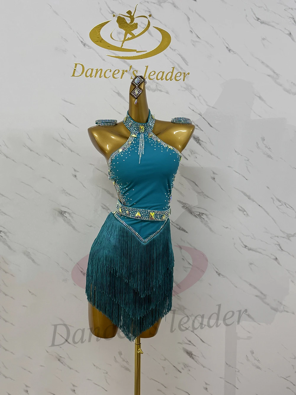 فستان راقص لاتيني للأطفال البالغين عالي الجودة مخصص بسلسلة من اللؤلؤ وشرابة تنورة تانجو سامبا AB Stone Performance